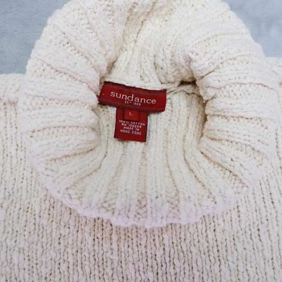 Sundance Womens Sweater L Ivory Knit Turtleneck Crocheted Sleeves Cabin Stretch - Picture 7 of 11